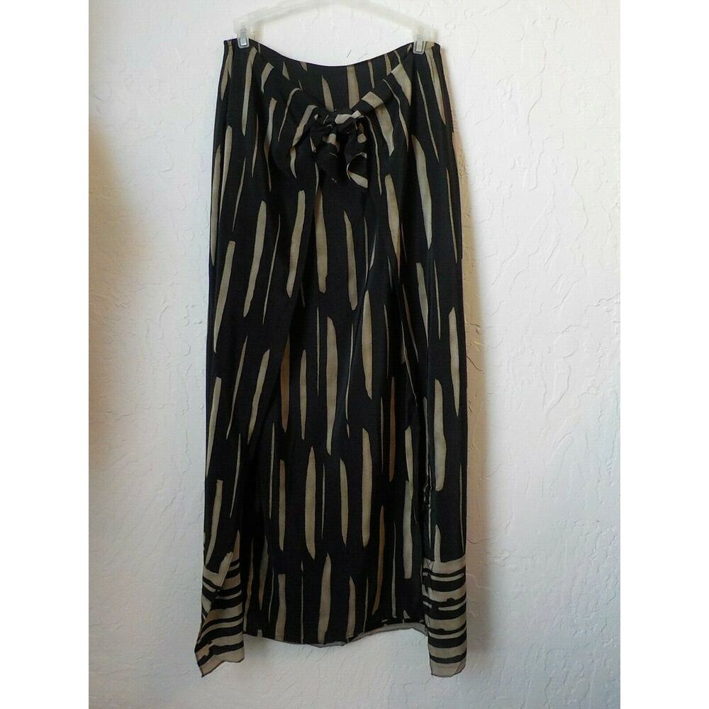 Cache Black Beige Maxi Wrap Skirt Women 8 Tribal Pattern Pencil Split Hem Zip Up